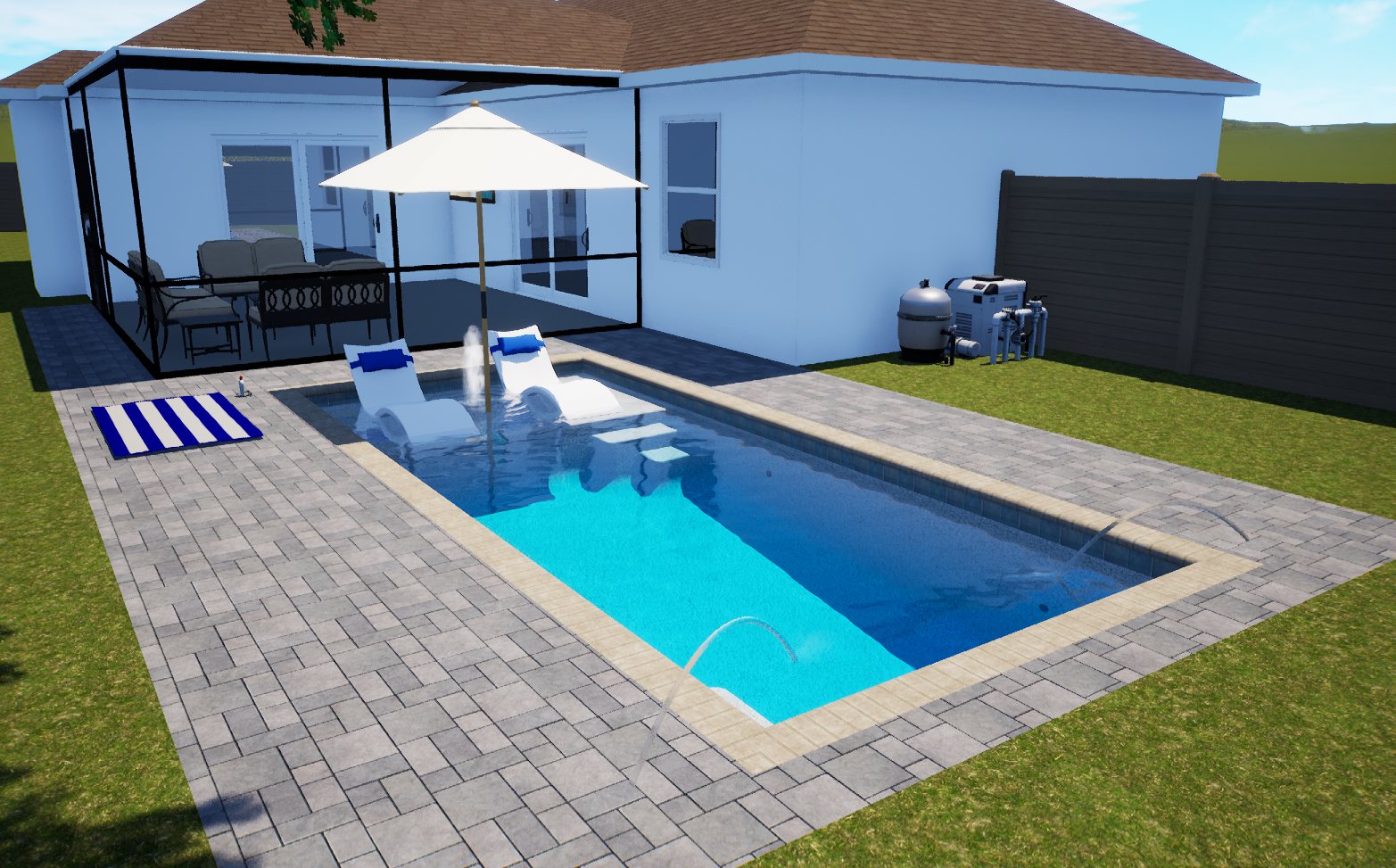 Render of a clear rectangular pool with a sun shelf and paved patio