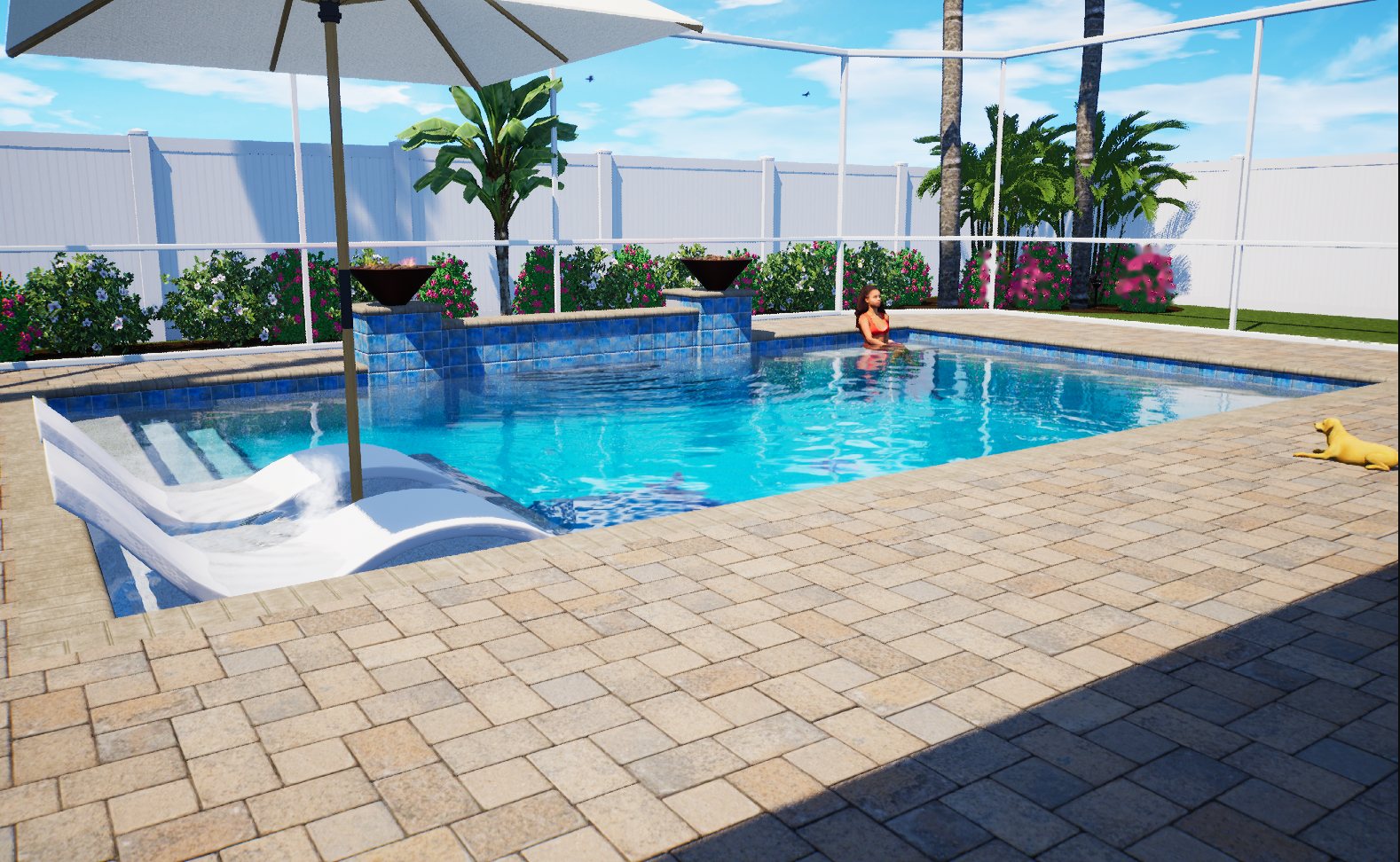 Daylight render of a pool with pavers, planting and a screen enclosure