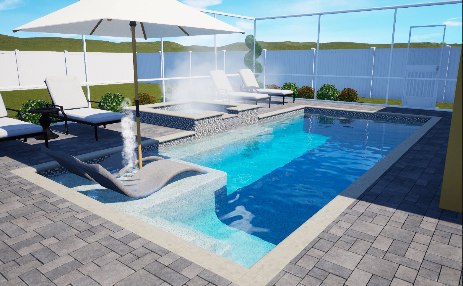 Daylight render of a rectangular pool, raised spa and sun shelf