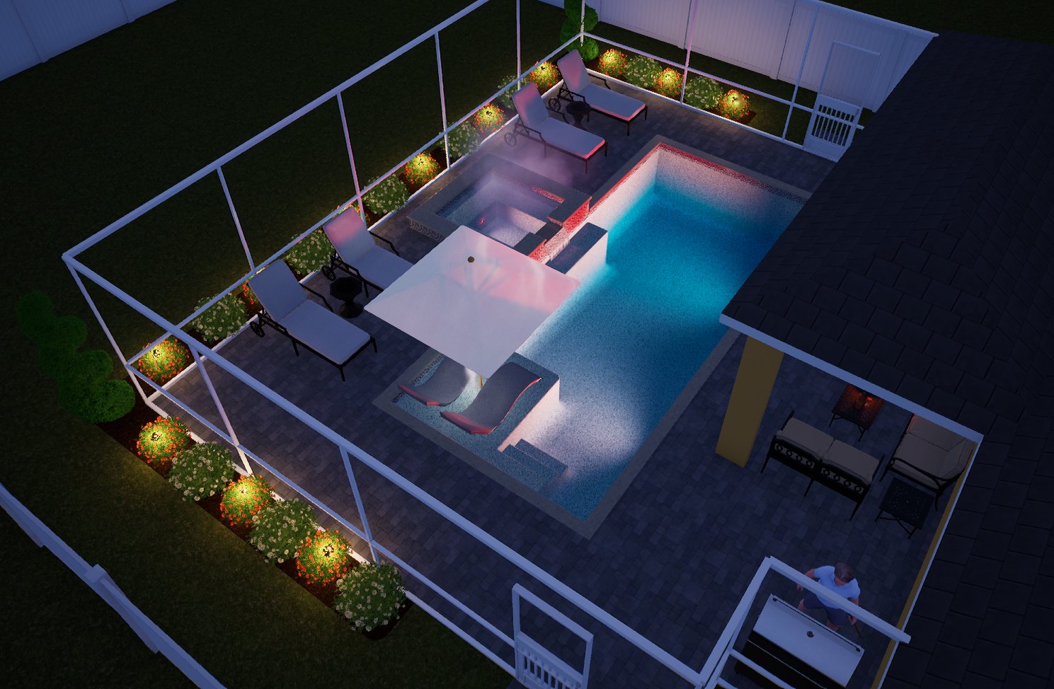After: evening render of project 05 with illuminated pool water and planting