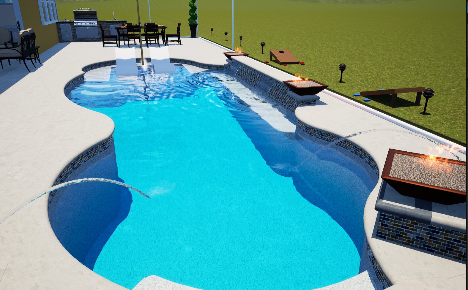 Render showing a poolside grill, dining table, pavers and water features