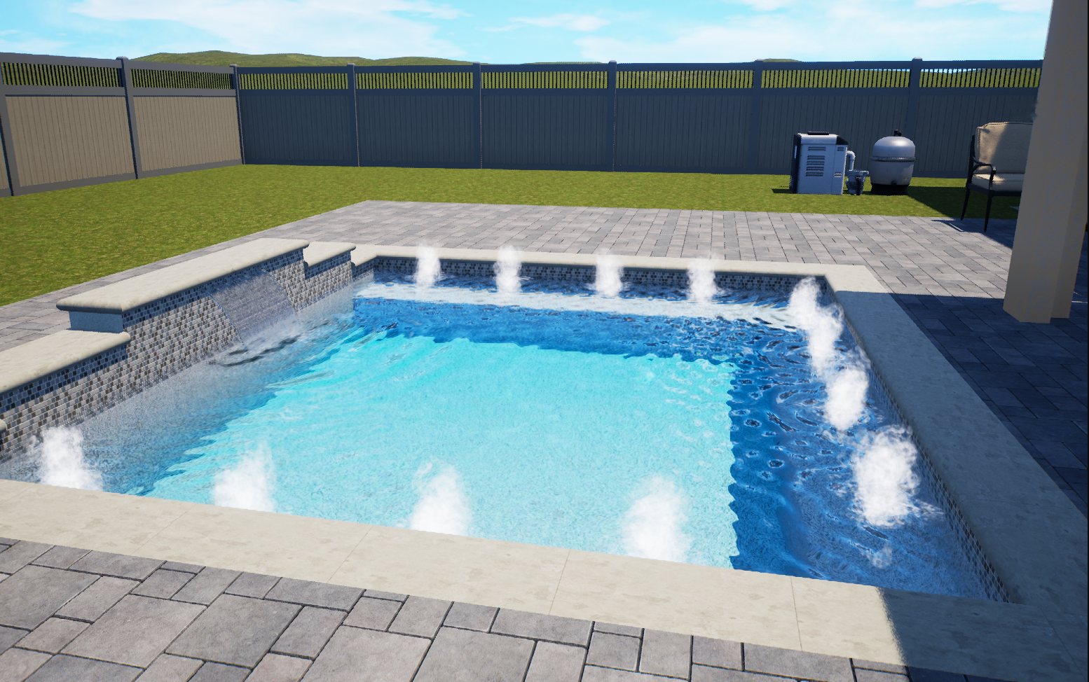 Pool render with equipment visible beyond the paved surround
