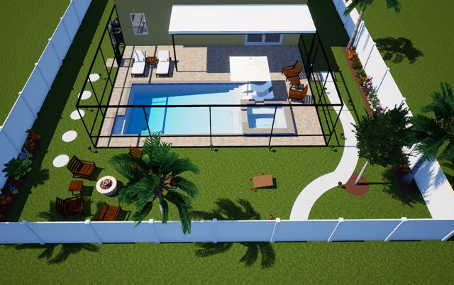 Outdoor living render with a lanai, stepping stones and gathering spaces