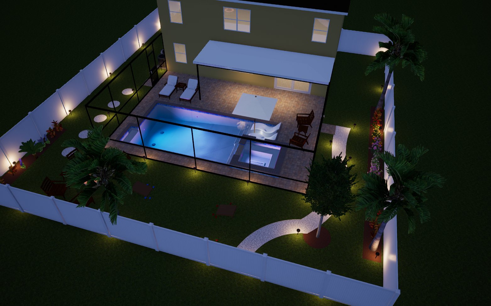 Evening render of a pool, lanai and landscaped backyard